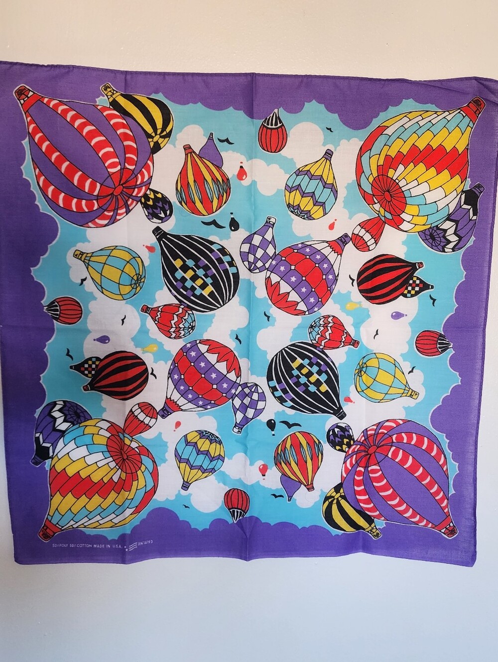 Vintage Made in USA Bandana Hot Air Balloon Print Purple Blue 21"x21" Rainbow
